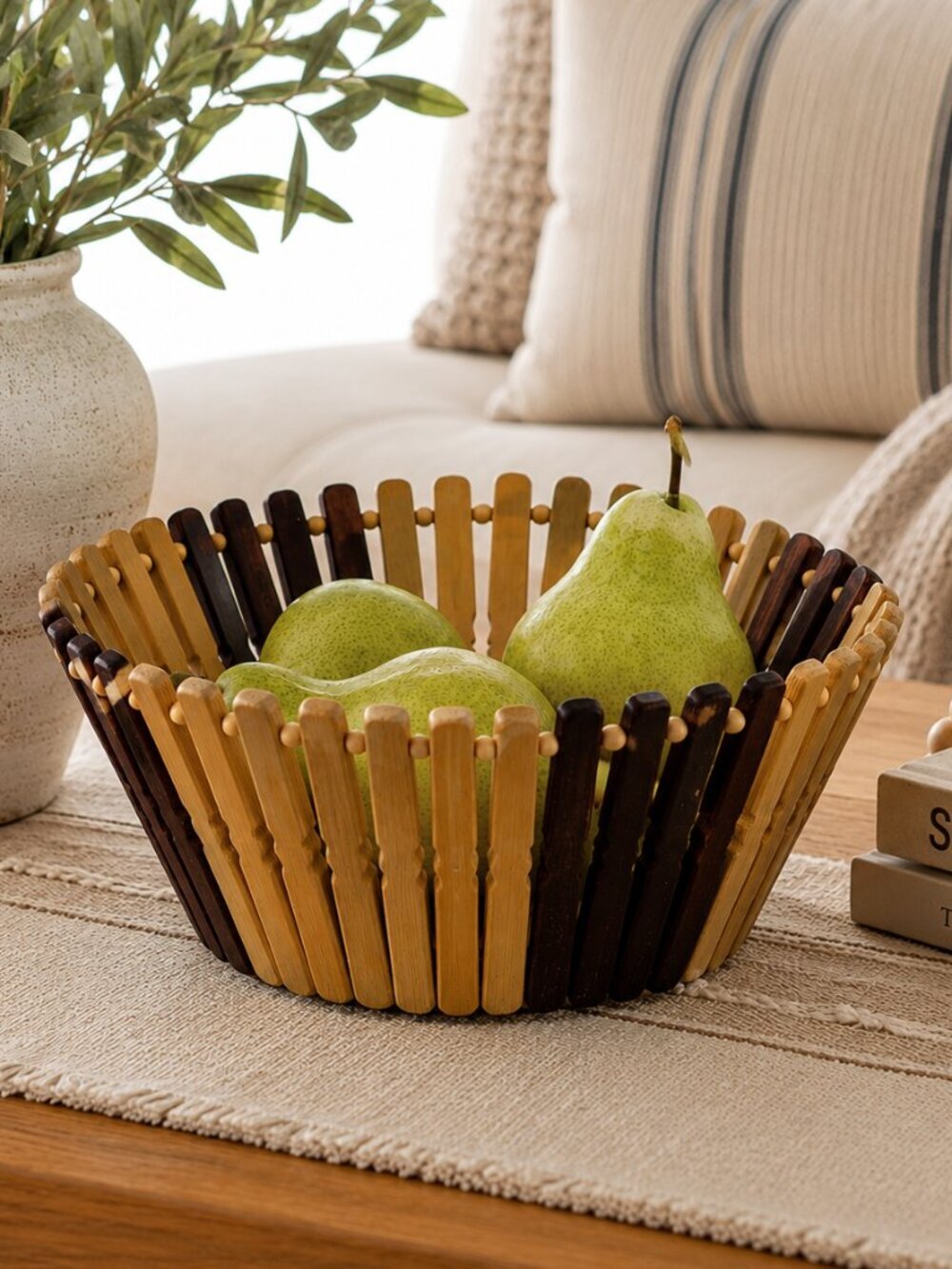 VTG Handcrafted Bamboo Wood Basket Bowl – Rare Artisan Fruit Bowl - Sri Lankan